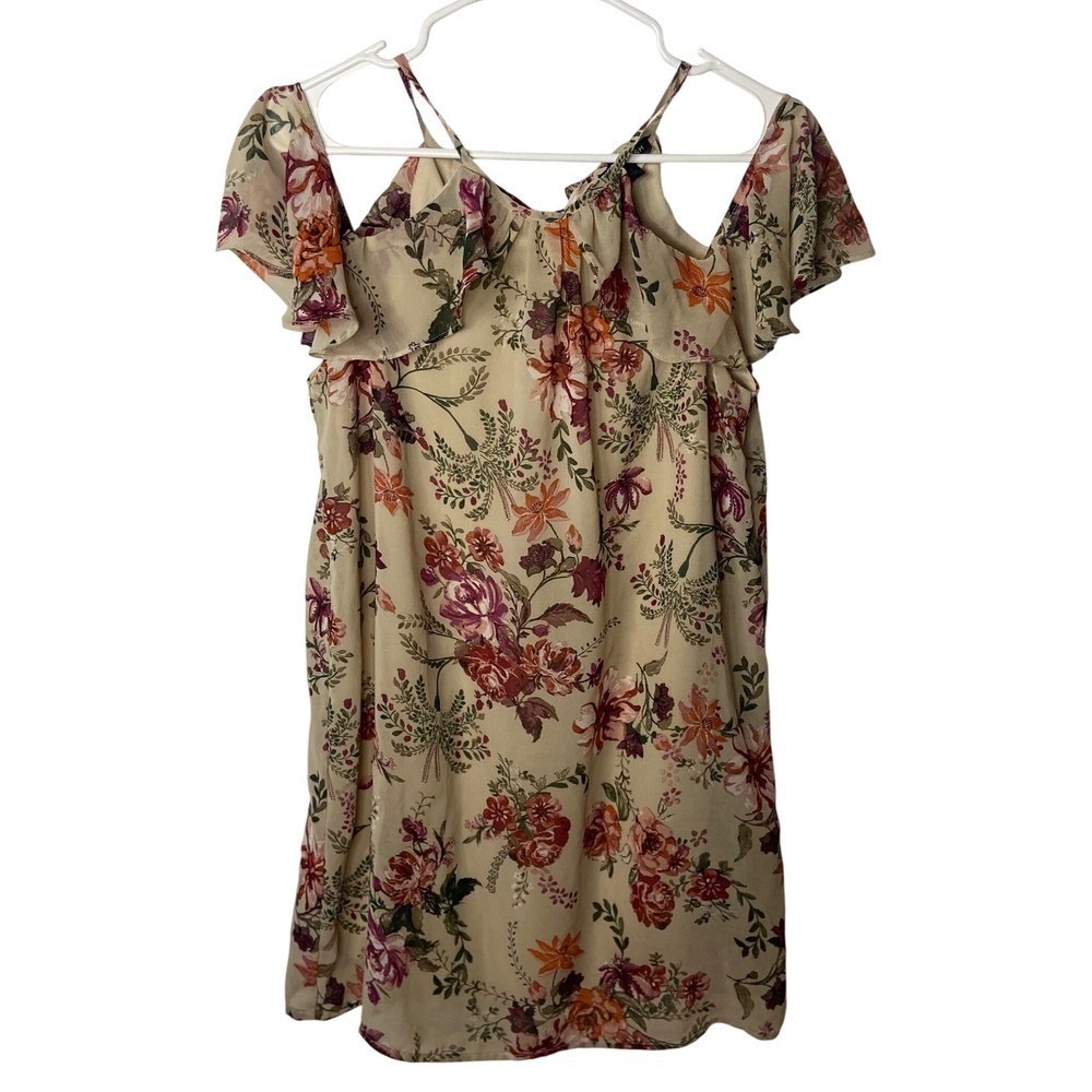 As‎ U Wish Floral Cold Shoulder Ruffle Dress Beige Red Orange Womens Small